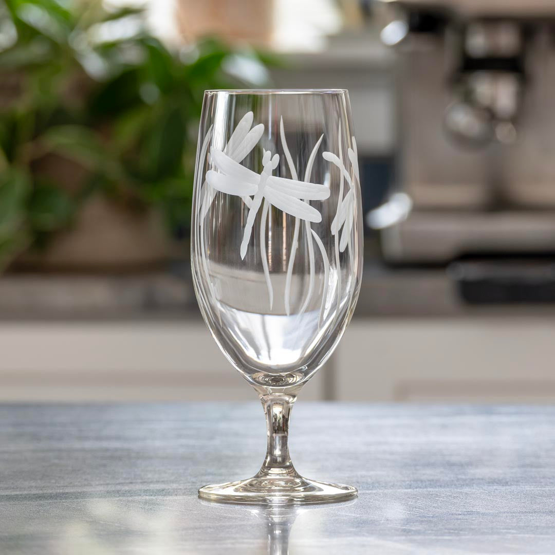Rolf Glass Dragonfly 16oz Footed Iced Tea Glass on kitchen counter
