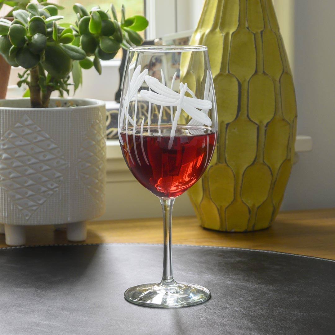 Rolf Glass Dragonfly All Purpose Wine Glass on a desk