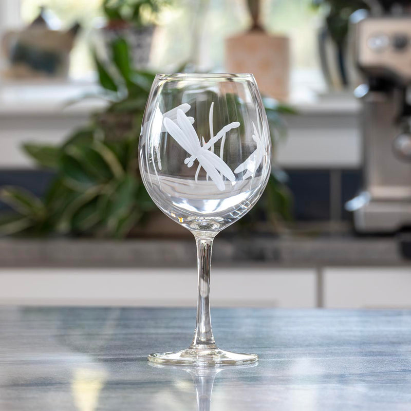 Rolf Glass Dragonfly 18oz Balloon Red Wine Glass filled empty on a kitchen counter top