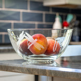 Rolf Glass Dragonfly Large Glass Bowl with peaches on kitchen table
