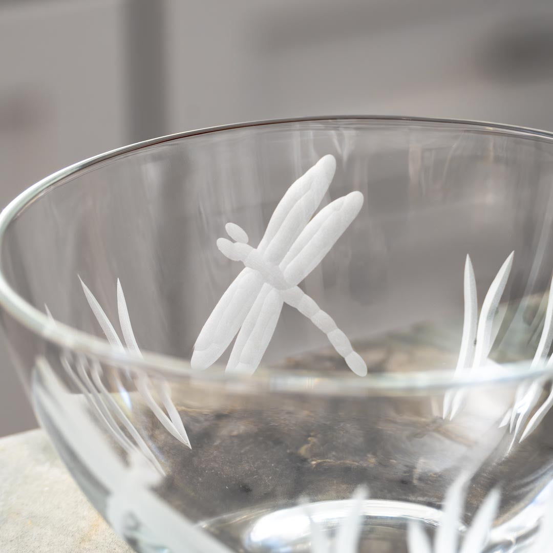 Rolf Glass Dragonfly Small Round Bowl close up of dragonfly engraving