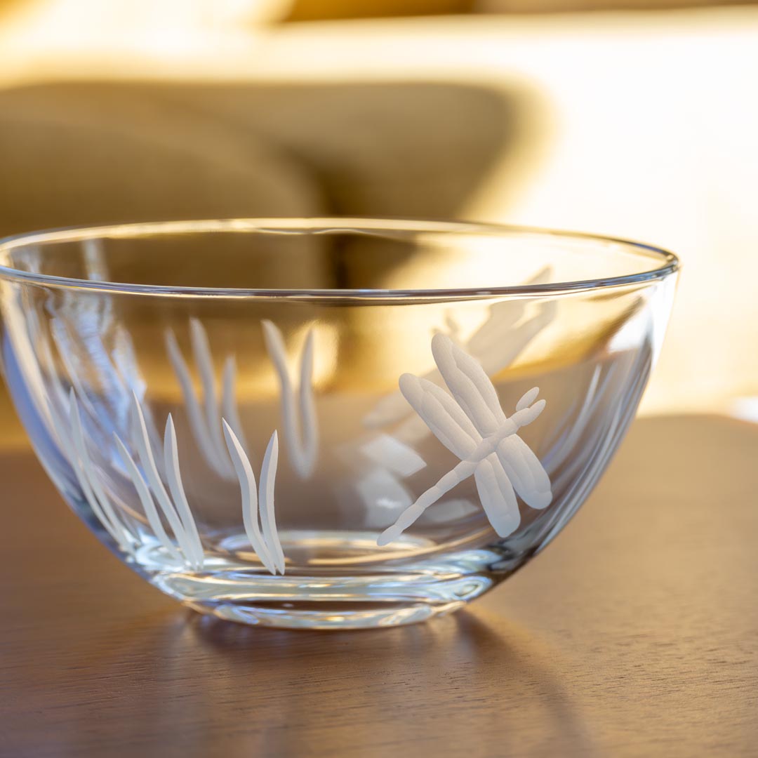 Rolf Glass Dragonfly Small Round Bowl on a table