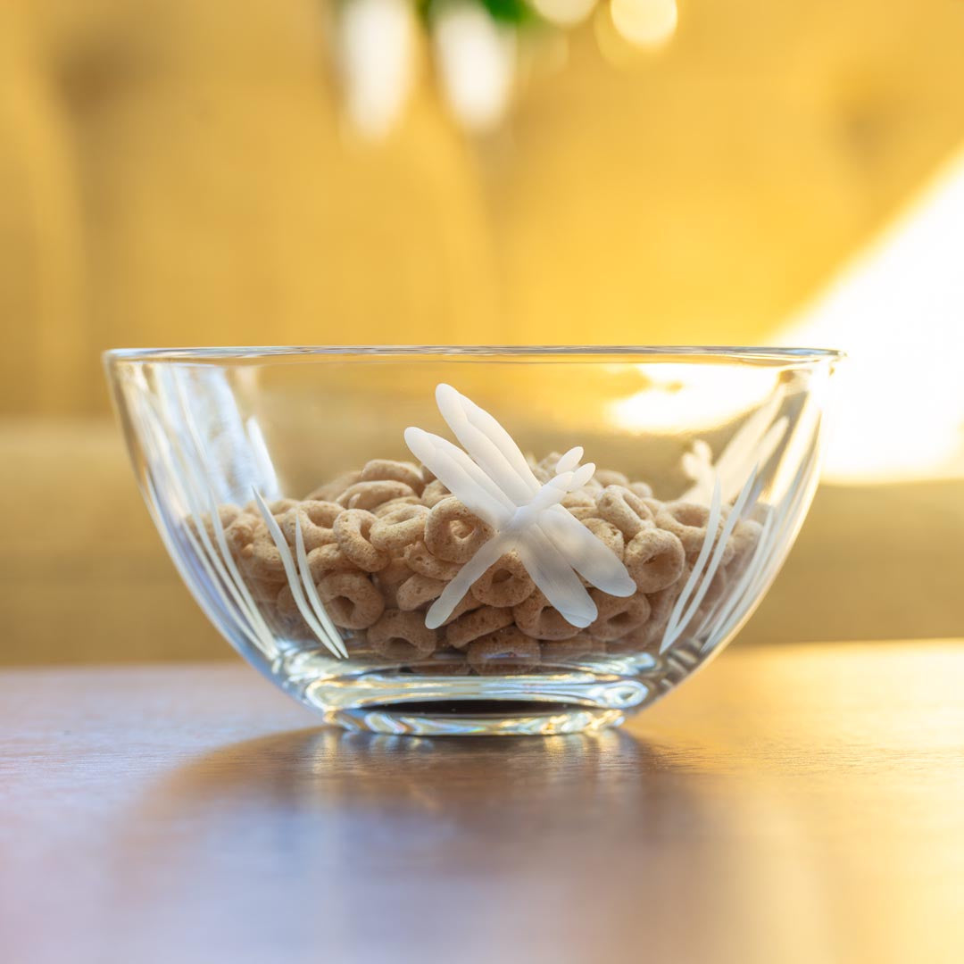 Rolf Glass Dragonfly Small Round Bowl on a table cereal
