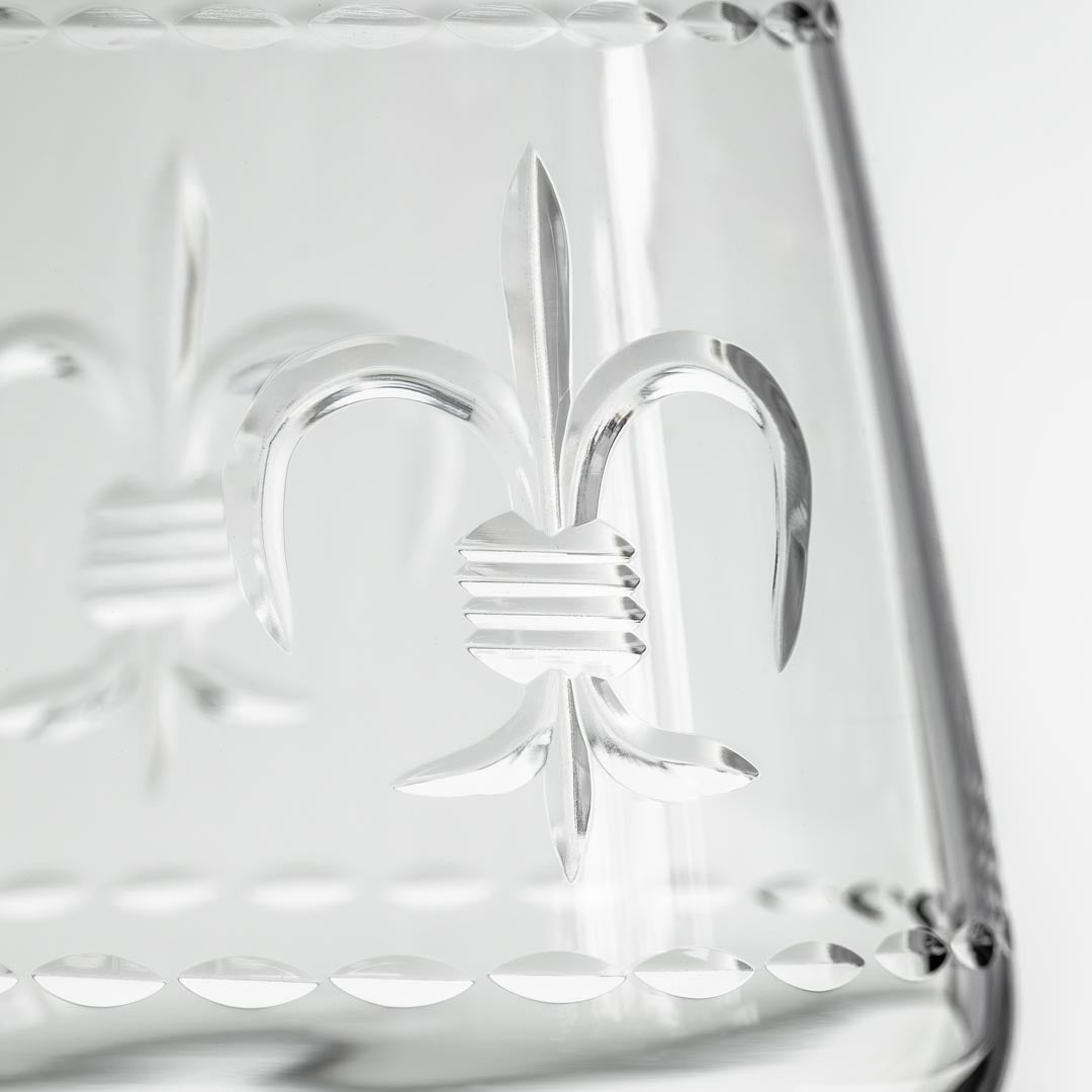 Rolf Glass Fleur De Lis 18oz Stemless Wine Glass detailed engraving and polishing