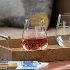 Rolf Glass Fly Fishing 18oz Stemless Wine Tumbler Glass on a tray on a coffee table