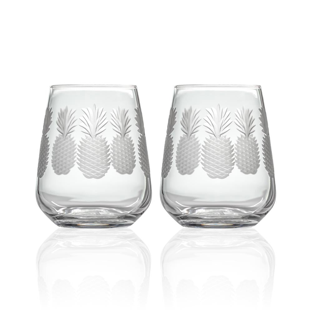 Lenox Tuscany Classics Stemless Wine Glasses with Pineapple Engraving / Set of Four Pineapple Stemless Glasses for store Tropical, Beach Decor