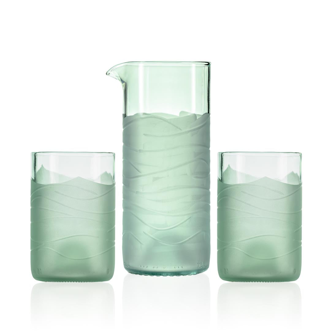 Rolf Glass Glacier Glass Recycled Repurposed Water 16oz Pitcher and 12oz Tumbler Set of 3