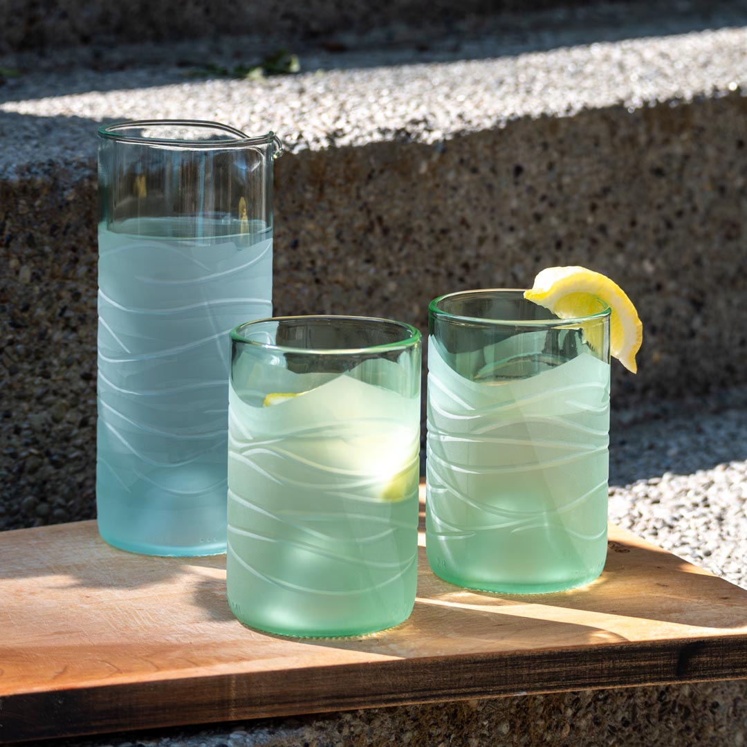 Rolf Glass Glacier Glass 16oz Pitcher and 12oz Tumblers Recycled Reused Repurposed Glassware Sets