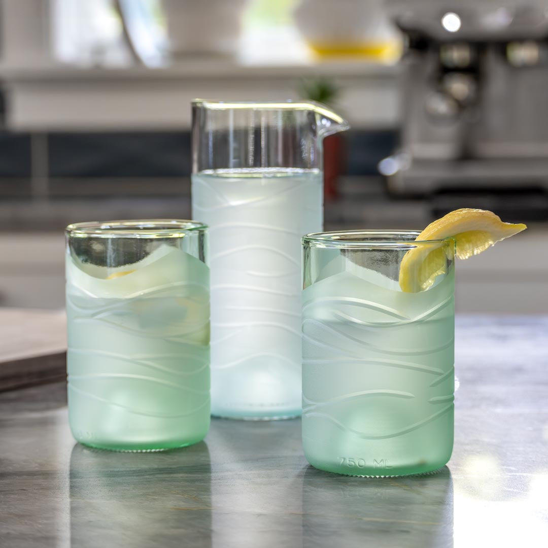 Rolf Glass Glacier Glass 16oz Pitcher and 12oz Tumblers Recycled Reused Repurposed Glassware Sets are a great gift