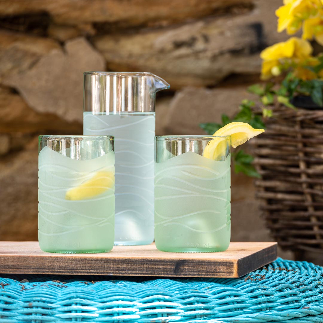 Rolf Glass Glacier Glass 16oz Pitcher and 12oz Tumblers Recycled Reused Repurposed Glassware Sets