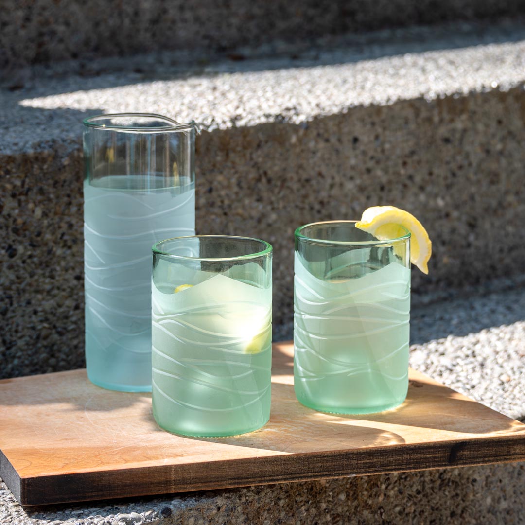 Rolf Glass Glacier Glass 16oz Pitcher and 12oz Tumblers Recycled Reused Repurposed Glassware Sets