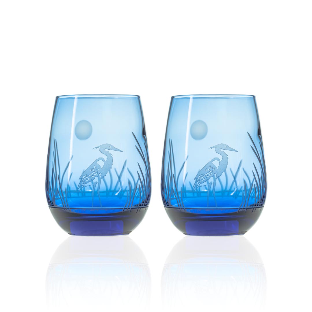 Heron 15oz Blue Stemless Wine Glass Set of 2 by Rolf Glass