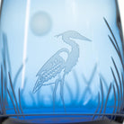 Heron 15oz Blue Stemless Wine Glass by Rolf Glass detailed sand engraving