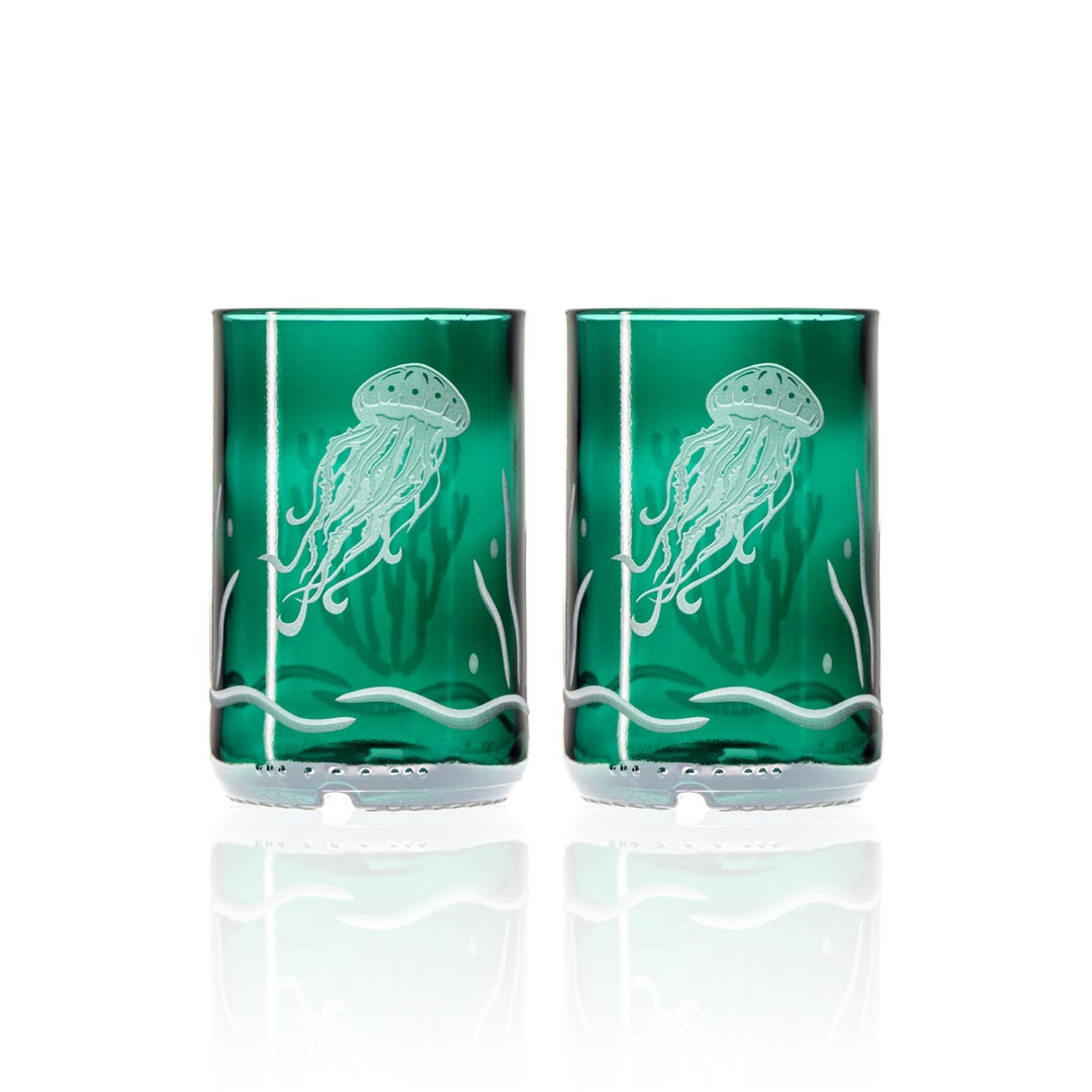 Jellyfish Twice Around 12oz Teal Repurposed Tumbler Set of 2 by Rolf Glass