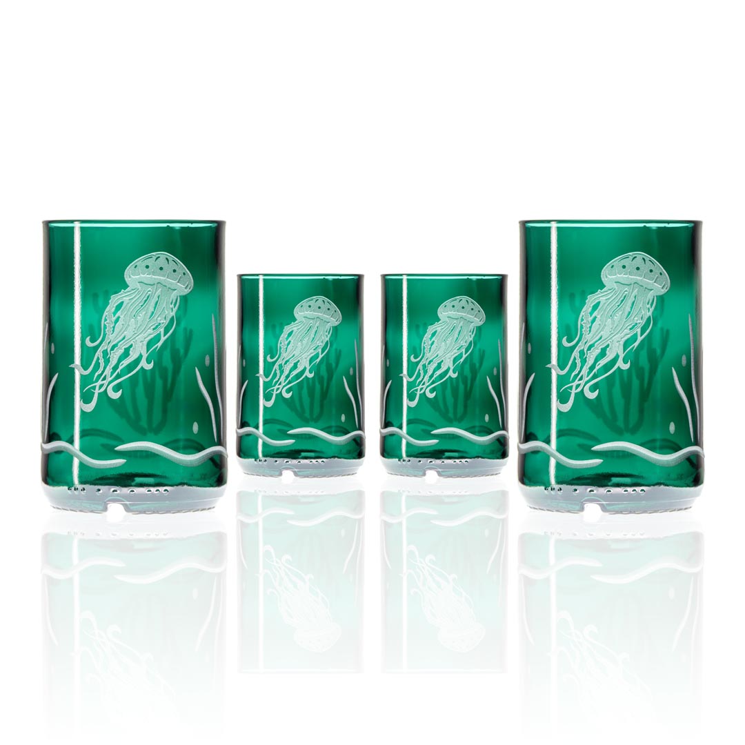 Jellyfish Twice Around 12oz Teal Repurposed Tumbler Set of 4 by Rolf Glass