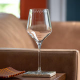 Rolf Glass License to Lick 16oz All Purpose Wine Glass on a coffee table