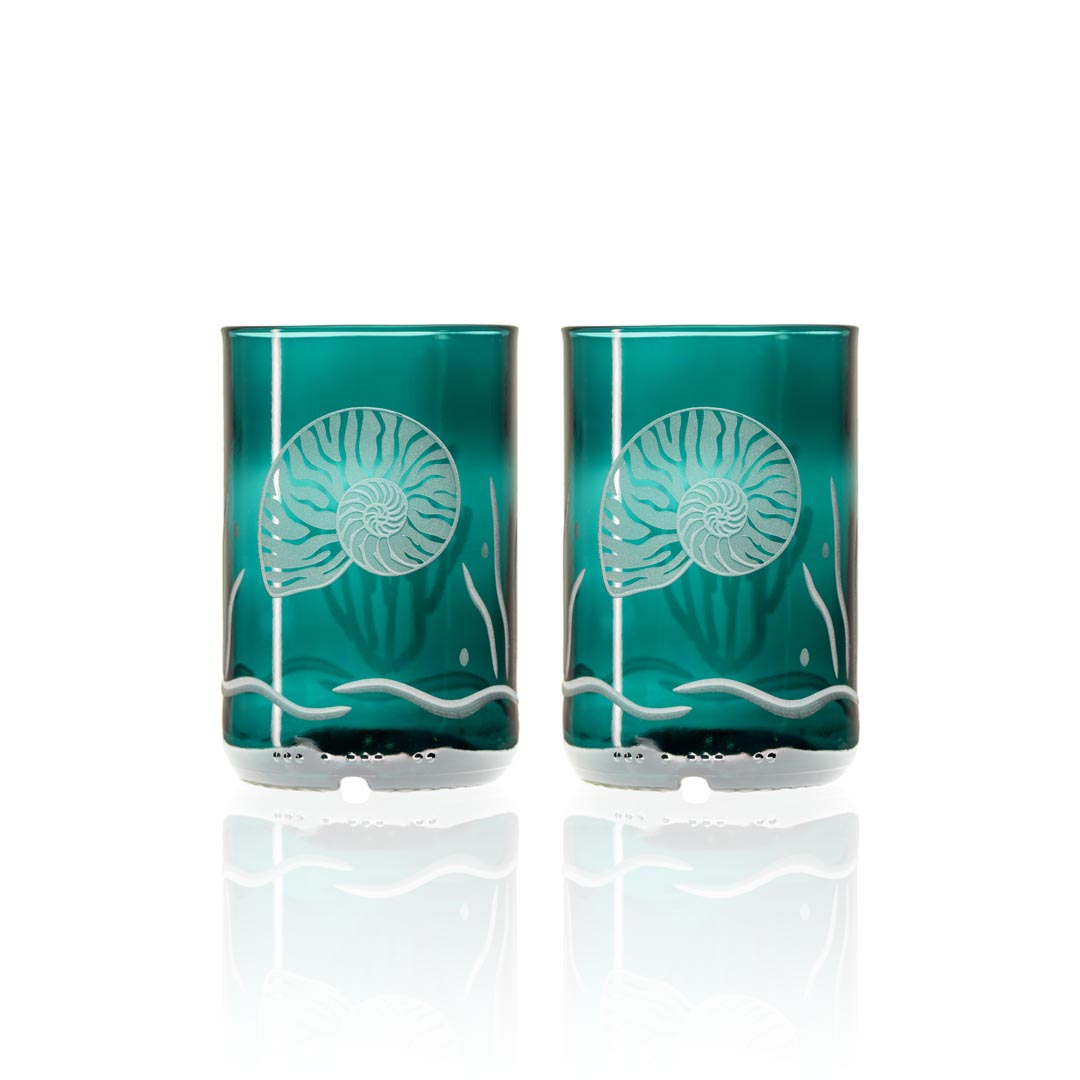 Nautilus Twice Around 12oz Teal Repurposed Tumbler Set of 2 by Rolf Glass