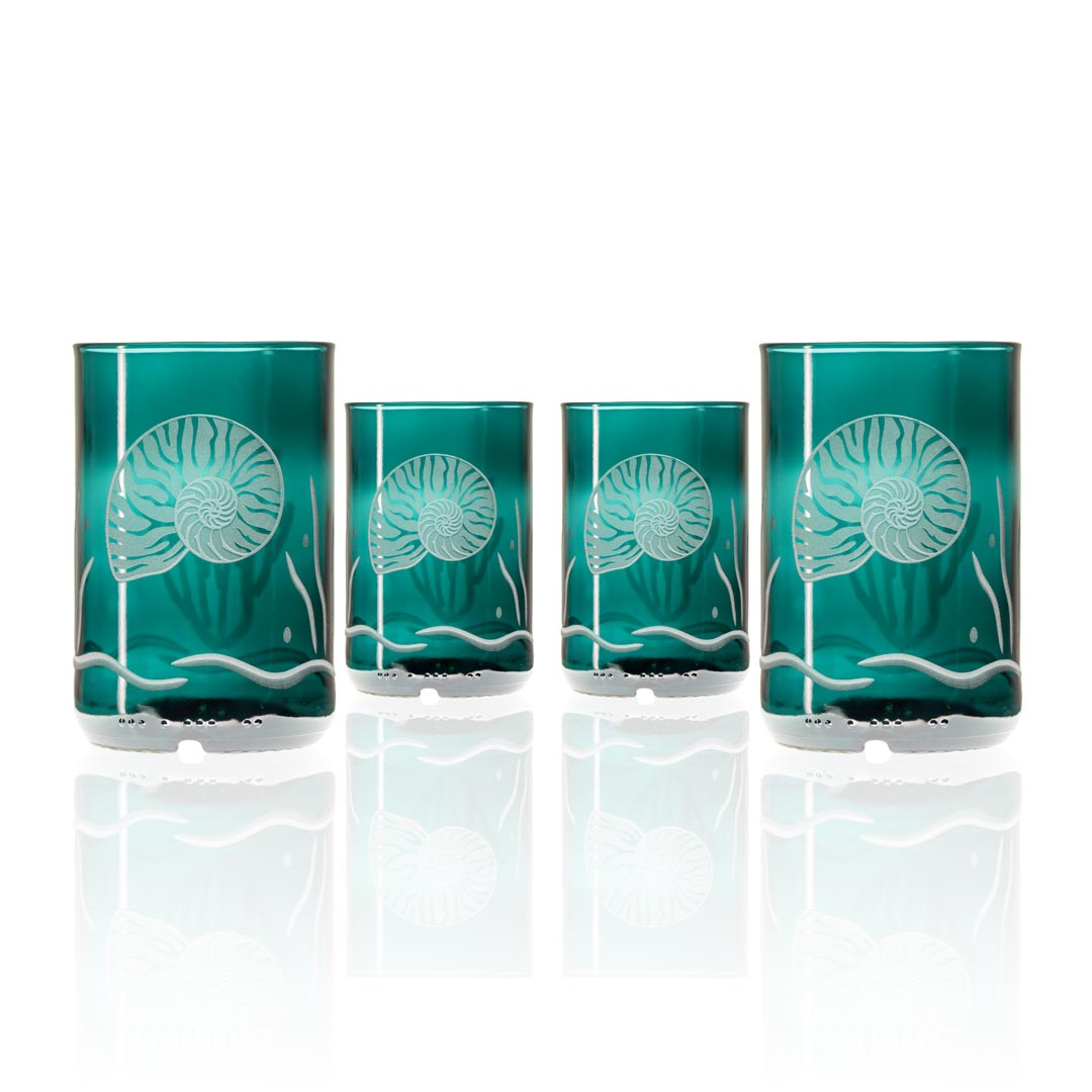 Nautilus Twice Around 12oz Teal Repurposed Tumbler Set of 4 by Rolf Glass