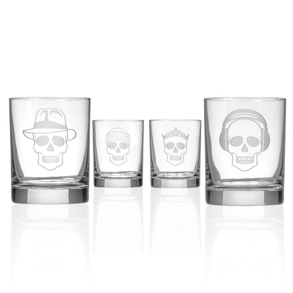 Rolf Glass Numbskulls 13oz Double Old Fashioned Whiskey Cocktail Glass skulls wearing a fedora, beats headphones, a crown and a beanie