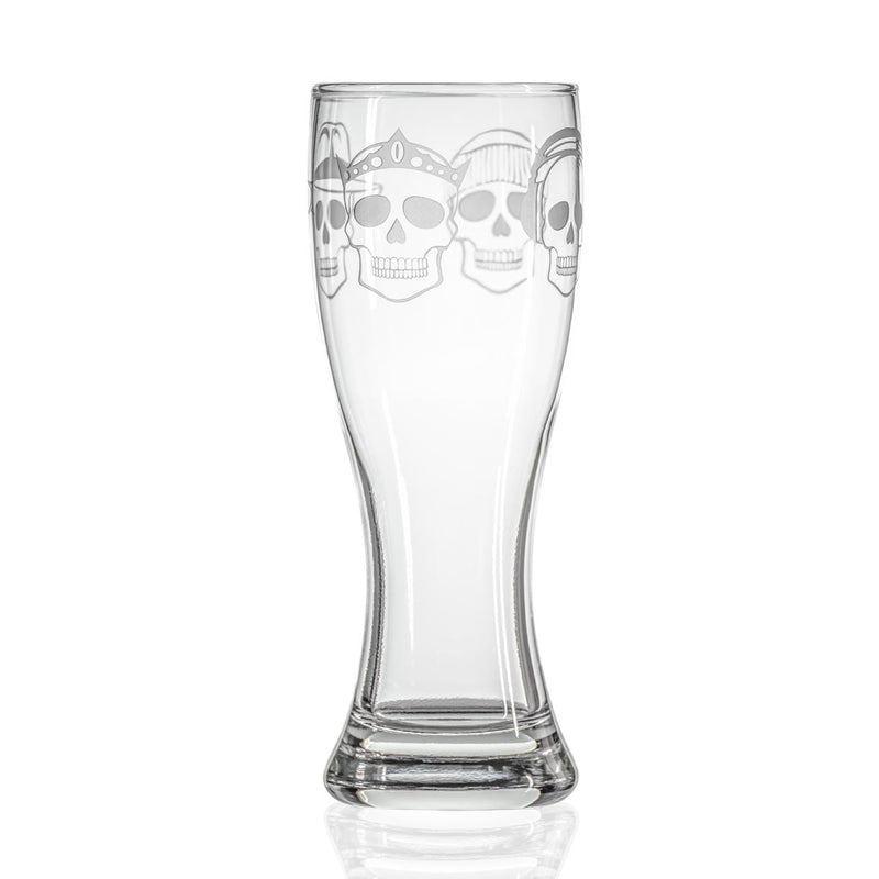 Rolf Glass Numbskulls 20oz Large Beer Pilsner Glass with 4 skulls and headgear, fedora, beats headphones, beanie and crown