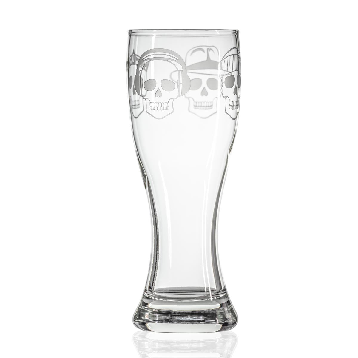 Rolf Glass Numbskulls 20oz Large Beer Pilsner Glass with 4 skulls and headgear, fedora, beats headphones, beanie and crown