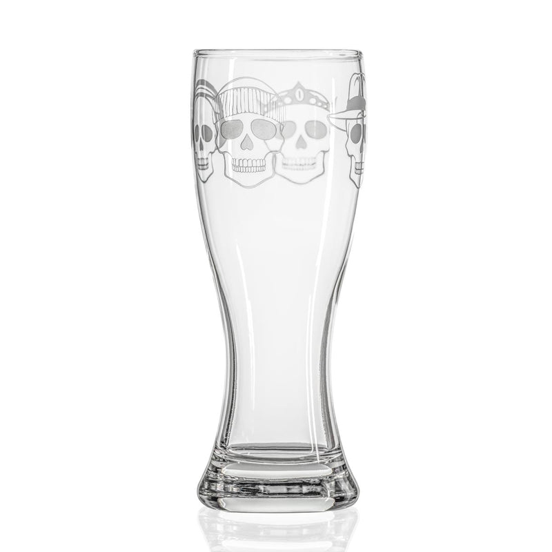 Rolf Glass Numbskulls 20oz Large Beer Pilsner Glass with 4 skulls and headgear, fedora, beats headphones, beanie and crown