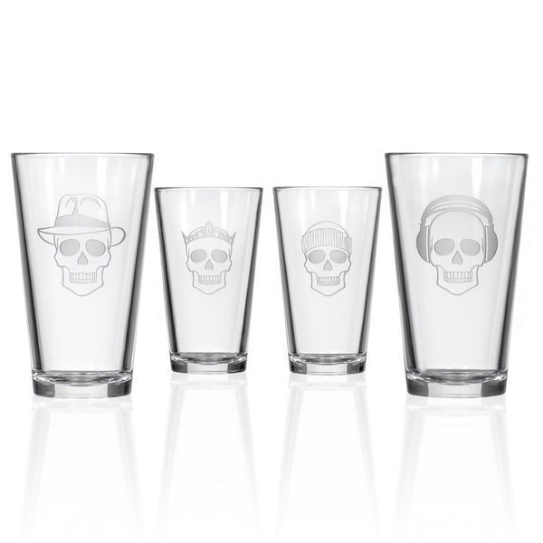 Rolf Glass Numbskulls 16oz Beer Pint Glass Skull set of 4 Skulls with Beats Headphones, Coal Beanie, Crown and Fedora