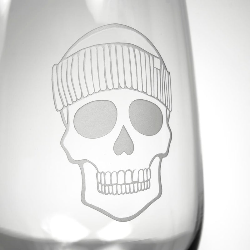 Rolf Glass Numbskulls 17oz Stemless Wine Tumbler Glass detailed sand engraving of skull with beanie