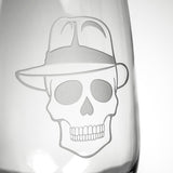 Rolf Glass Numbskulls 17oz Stemless Wine Tumbler Glass detailed sand engraving of skull with fedora