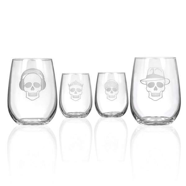 Rolf Glass Numbskulls 17oz Stemless Wine Tumbler Glass set of 4 skulls with beats headphones, beanie, crown and fedora