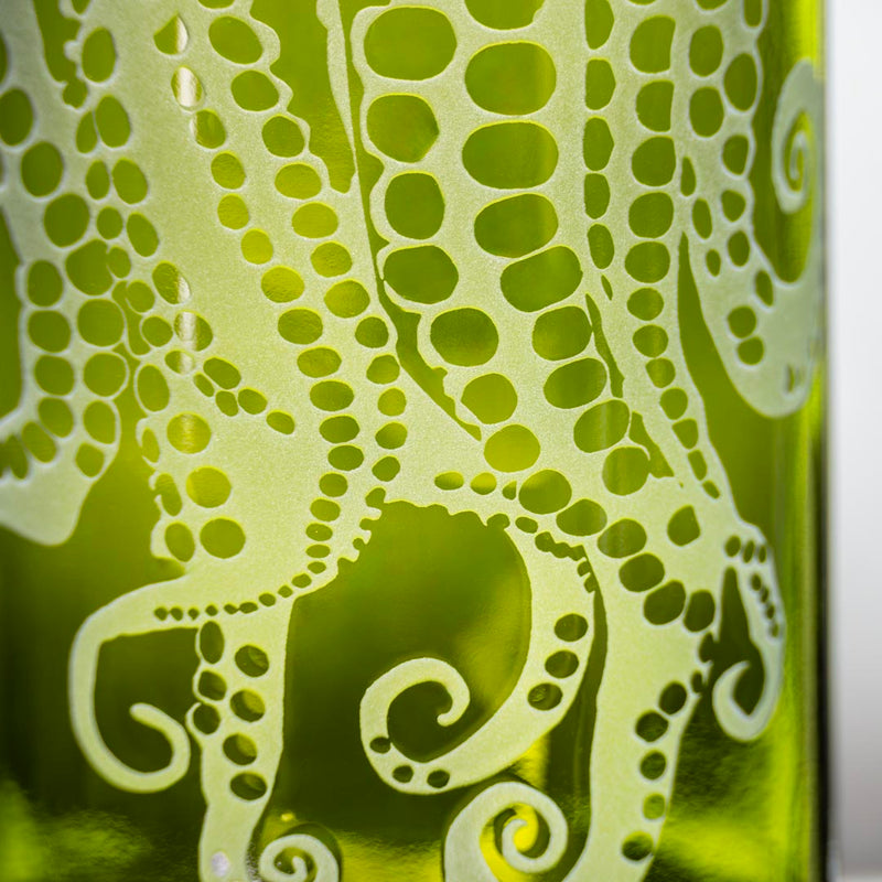 Rolf Glass Upcycled Oscar the Octopus Dark Green 12oz Tumbler Glass detailed sand engraving