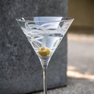 Rolf Glass Palm Tree 10oz Martini Cocktail Glass on the patio detailed palm engraving