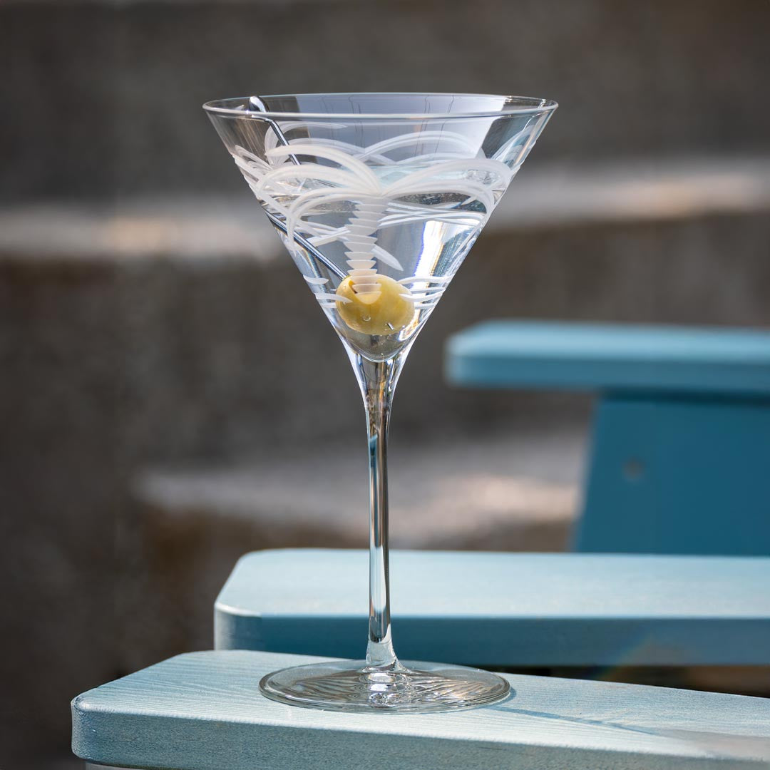 Rolf Glass Palm Tree 10oz Martini Cocktail Glass on the patio