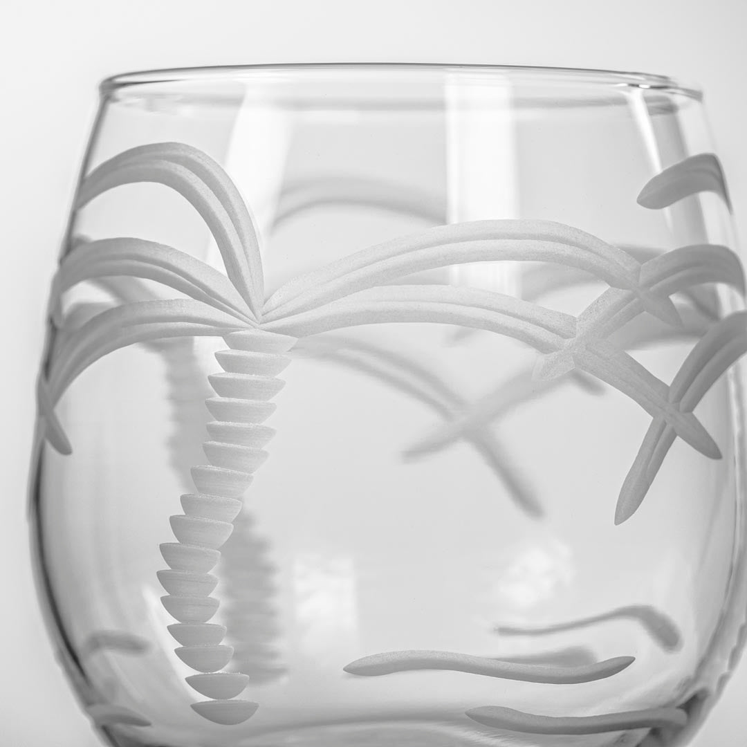 Rolf Glass Palm Tree 16.75oz Red Wine Stemless Glass detailed engraving