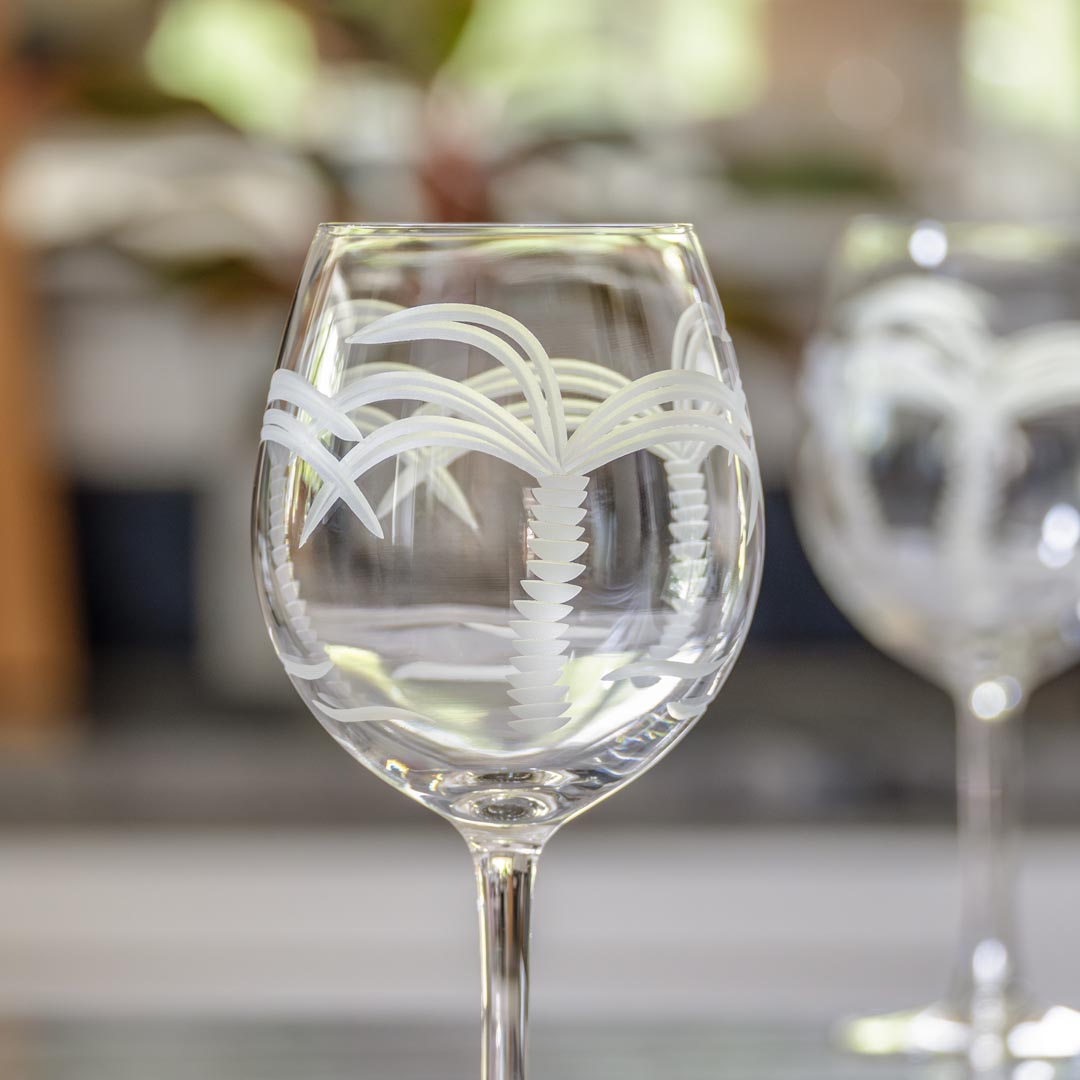 Rolf Glass Palm Tree 18oz Red Wine Balloon Glass empty detailed palm tree engraving