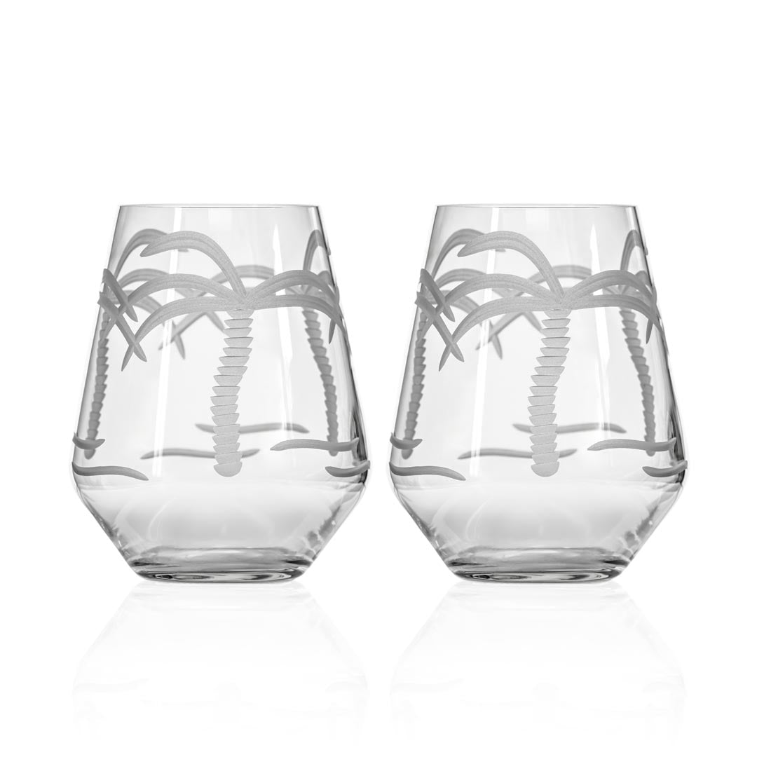 Rolf Glass Palm Tree 18oz Stemless Wine Glass set of 2
