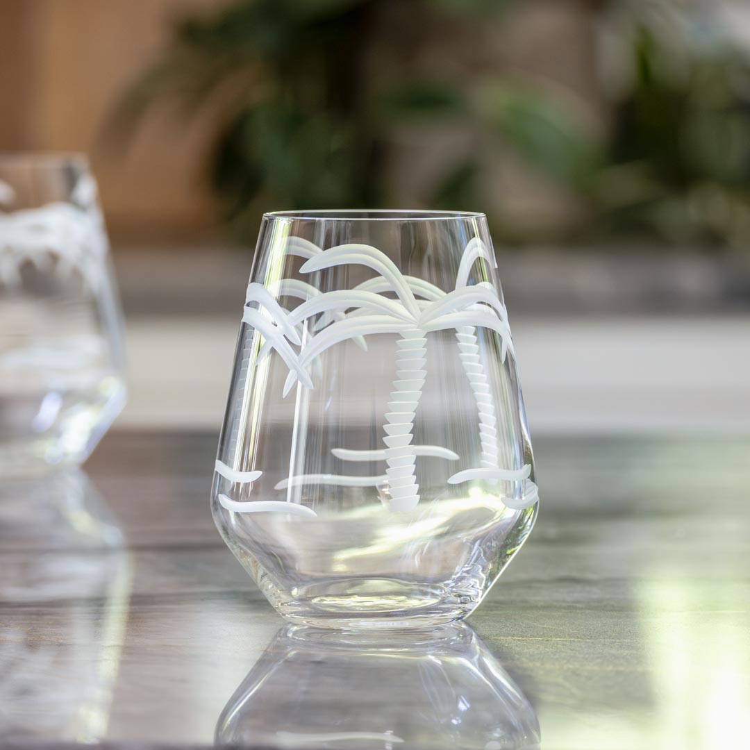 Rolf Glass Palm Tree 18oz Stemless Wine Tumbler in the kitchen
