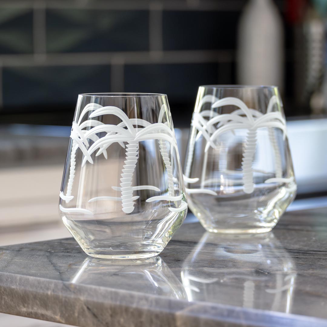 Rolf Glass Palm Tree 18oz Stemless Wine Tumbler in the kitchen
