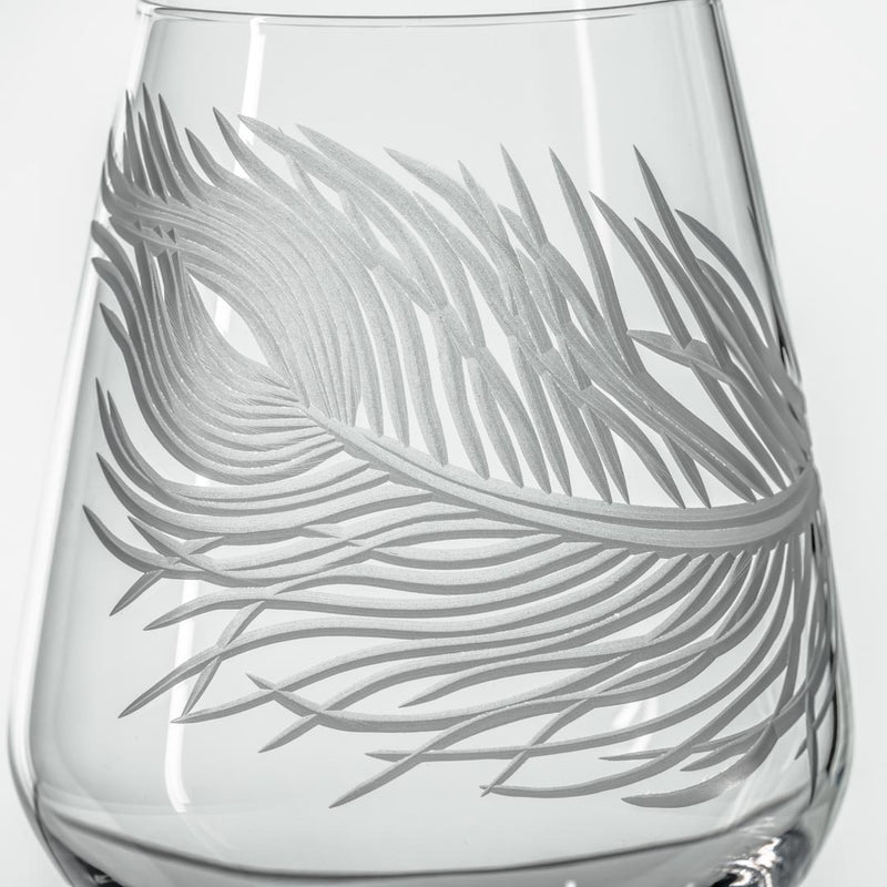 Rolf Glass Peacock 18oz Stemless Wine Glass detailed engraving of peacock feather