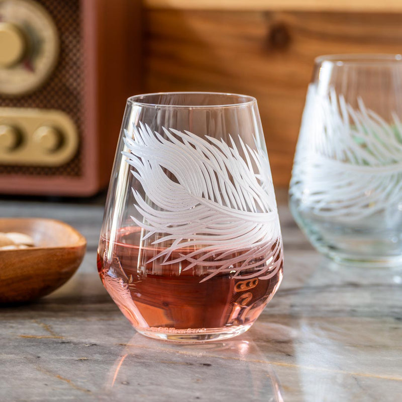 Rolf Glass Peacock 18oz Stemless Wine Glass is festive around the holidays