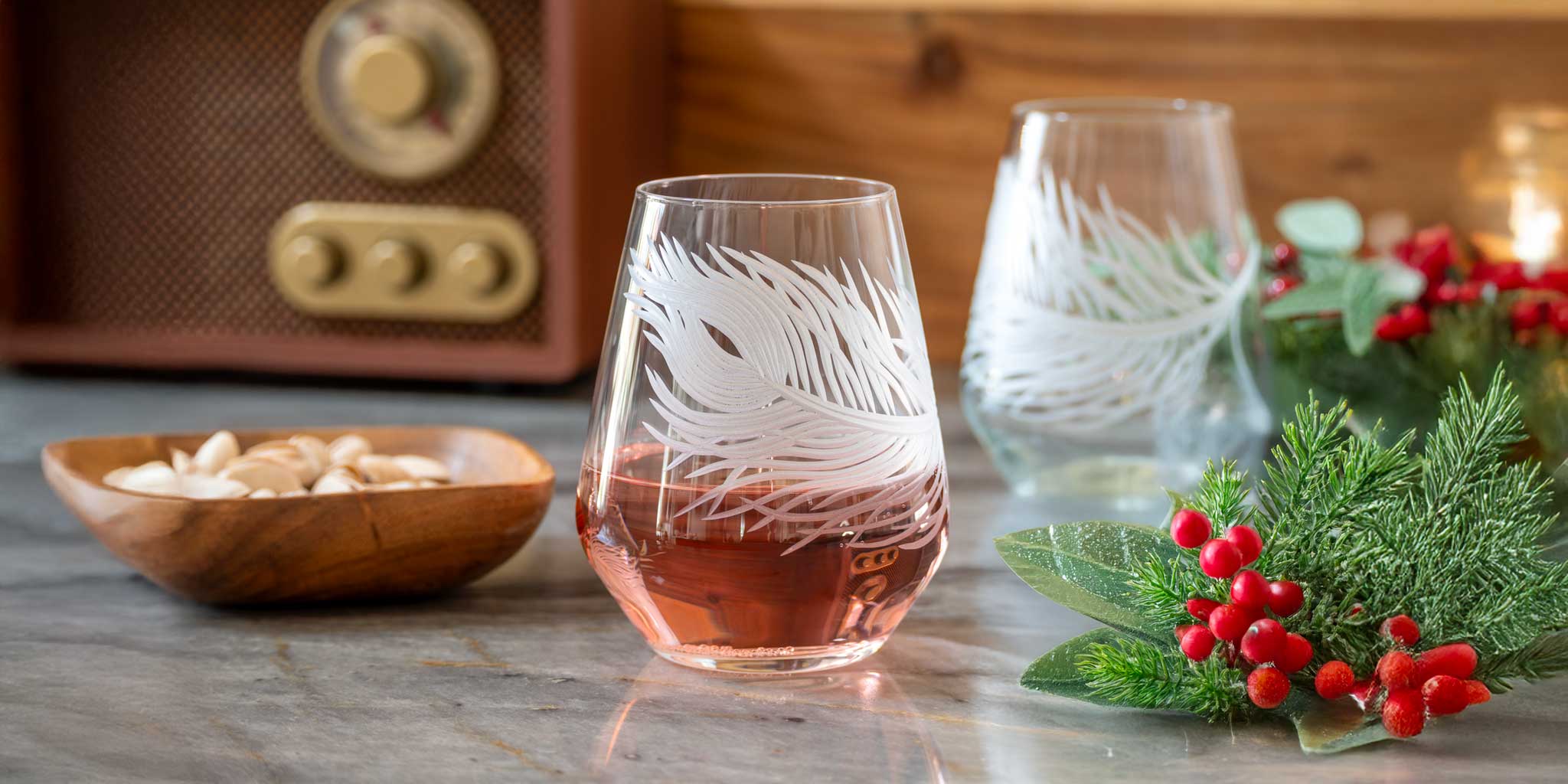 Peacock 18oz stemless wine glass by Rolf Glass is a great holiday gift
