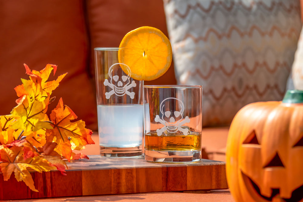 Rolf Glass Fall Festival Halloween Glassware Collection featuring skull glassware designs