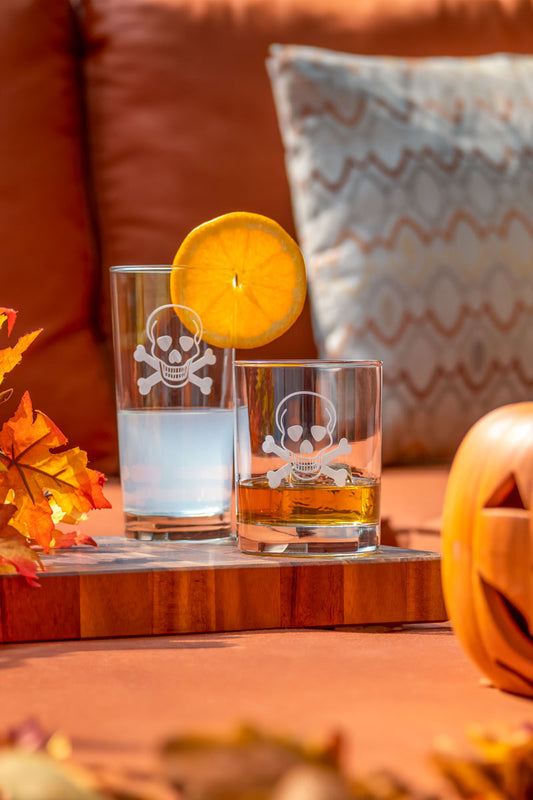 Rolf Glass Fall Festival Halloween Glassware Collection featuring skull glassware designs