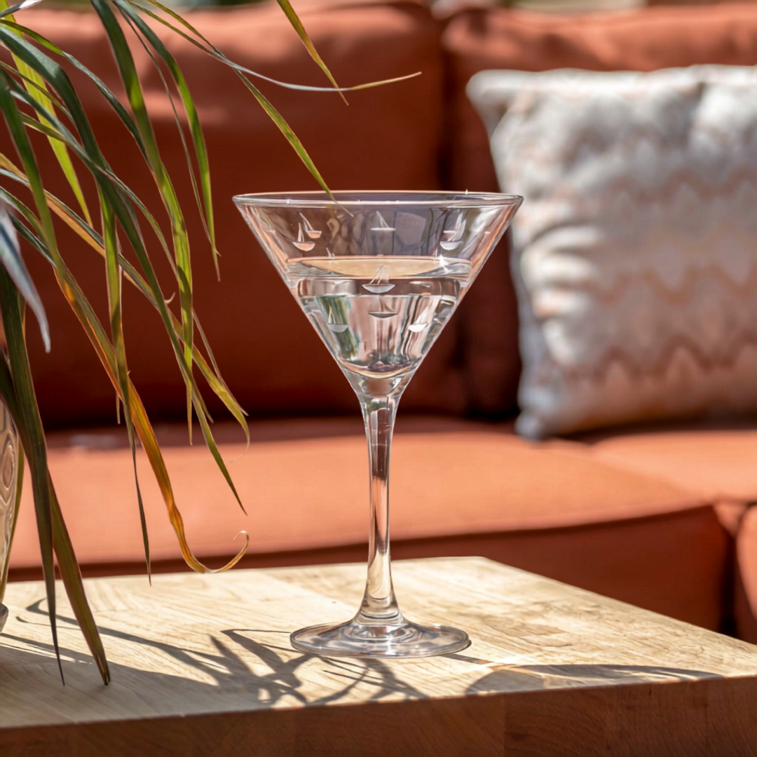 Rolf Glass Sailing Martini Cocktail Glass on an outdoor patio for entertaining