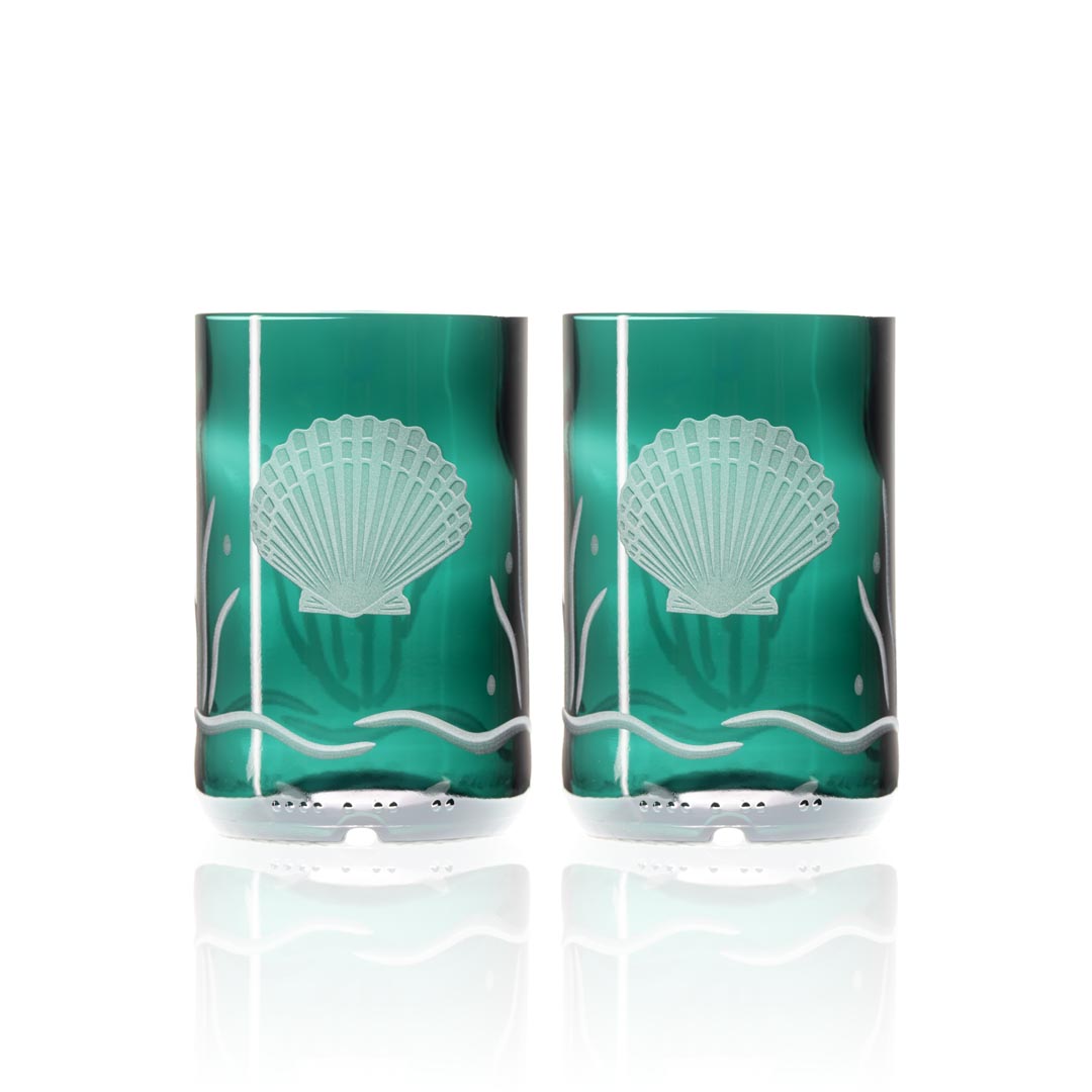 Scallop Shell Twice Around 12oz Teal Repurposed Tumbler Set of 2 by Rolf Glass