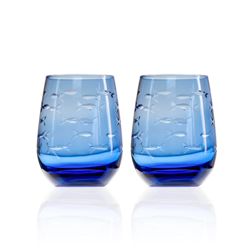 Rolf Glass School of Fish 15oz Blue Stemless Wine Tumbler set of 2