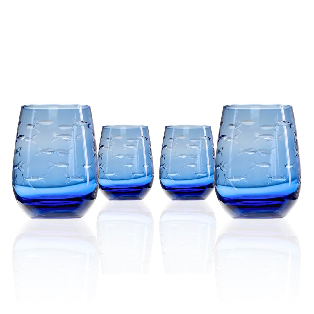 Rolf Glass School of Fish 15oz Blue Stemless Wine Tumbler set of 4