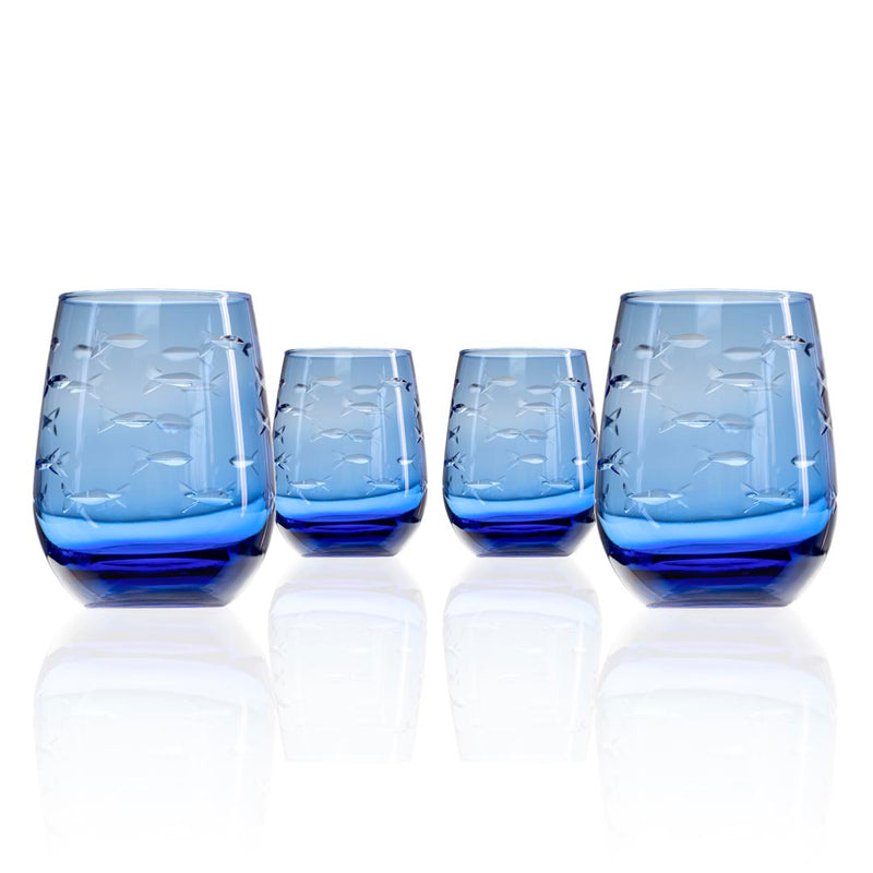 Rolf Glass School of Fish 15oz Blue Stemless Wine Tumbler set of 4