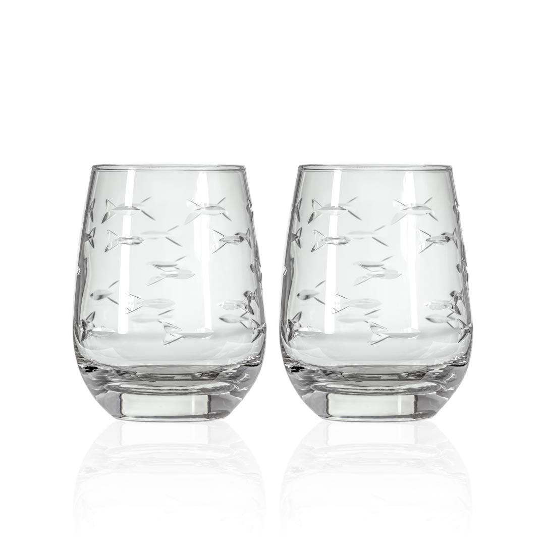 Rolf Glass School of Fish 15oz Clear Heavy Base Stemless Wine Glass set of 2