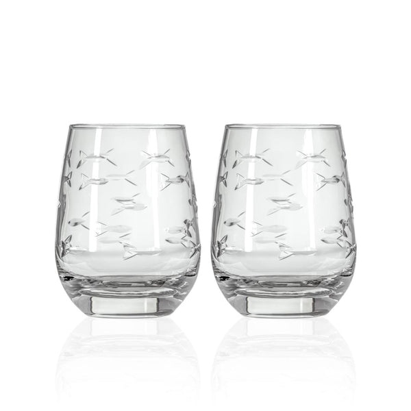 Rolf Glass School of Fish 15oz Clear Heavy Base Stemless Wine Glass set of 2